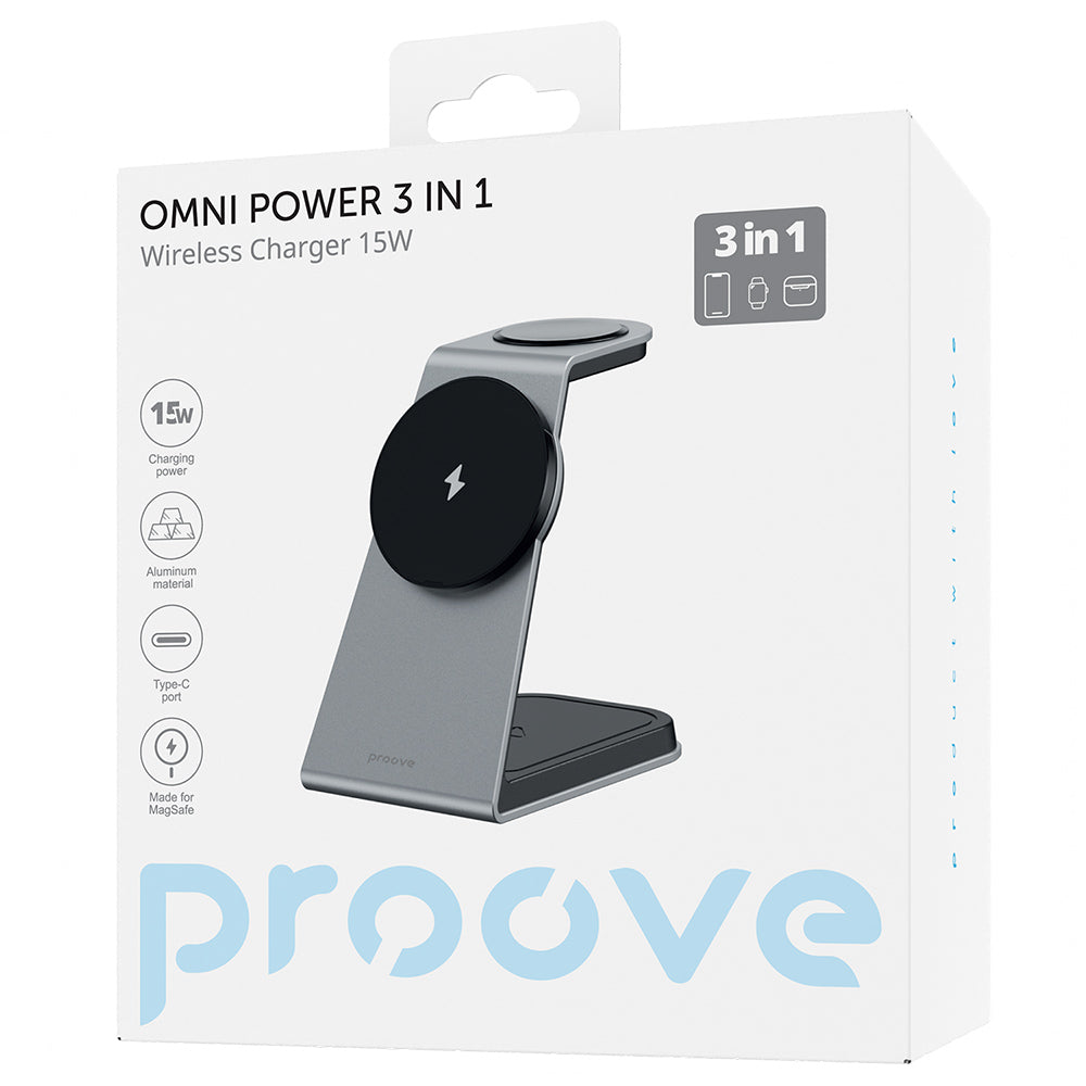 Brezžični omrežni polnilec Proove Omni Power 3v1, 15W, 1.67A, Siv WSOP15020003
