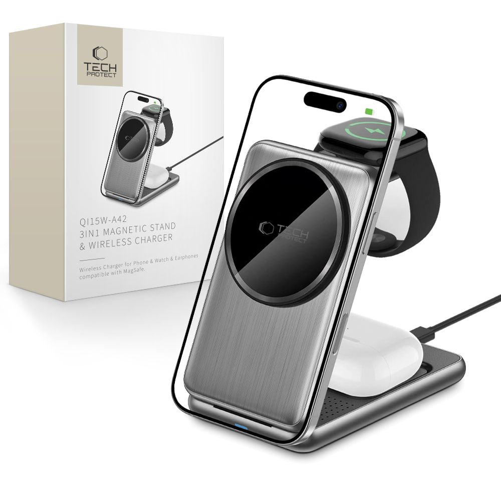 Tech-Protect A42 3in1 Wireless Network Charger, 15W, 1.67A, Grey