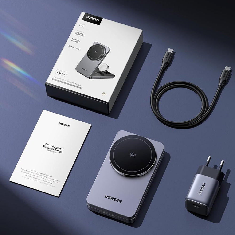 Brezžični omrežni polnilec UGREEN W707 3v1, 25W, 1.67A, Siv