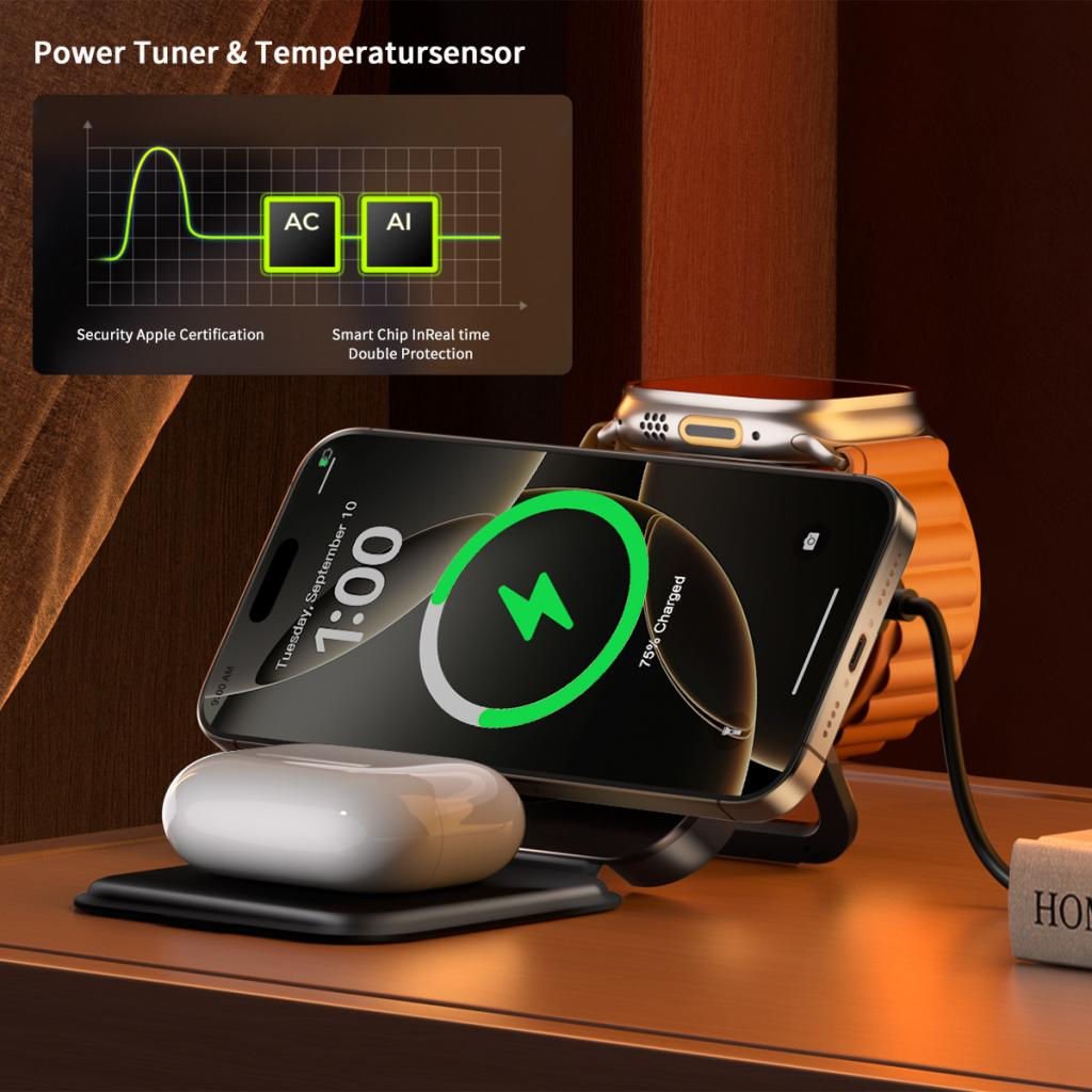 Brezžični omrežni polnilec XO Design CX035 3v1, 15W, 1.67A, Črn