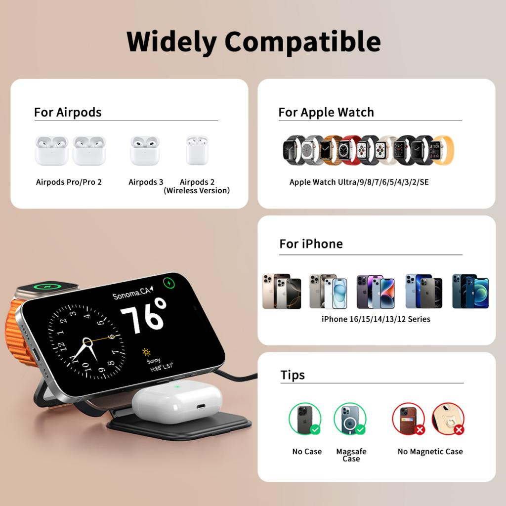 Brezžični omrežni polnilec XO Design CX035 3v1, 15W, 1.67A, Črn