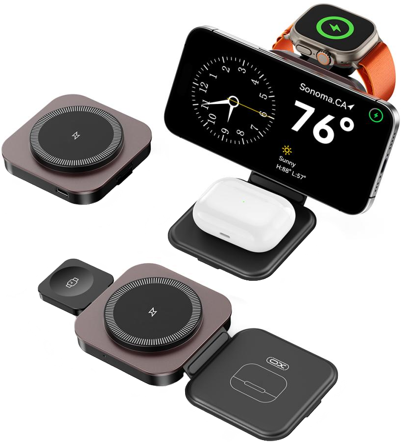 Brezžični omrežni polnilec XO Design CX035 3v1, 15W, 1.67A, Črn