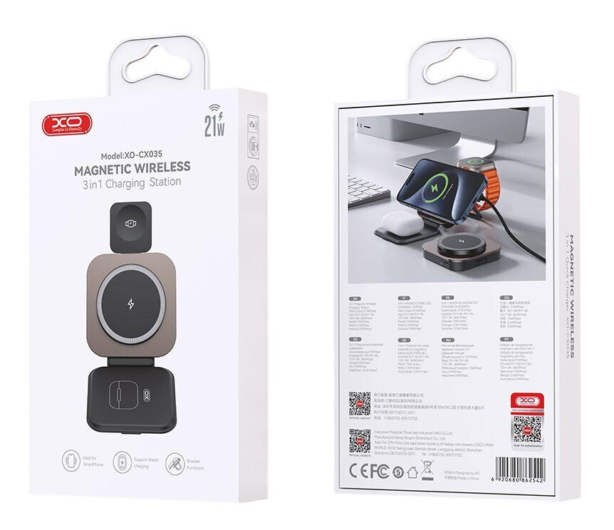 Brezžični omrežni polnilec XO Design CX035 3v1, 15W, 1.67A, Črn