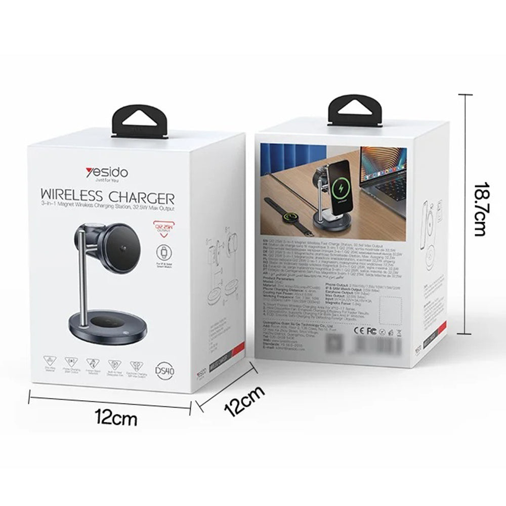 Brezžični omrežni polnilec Yesido DS40 3v1, 25W, 1.67A, črn