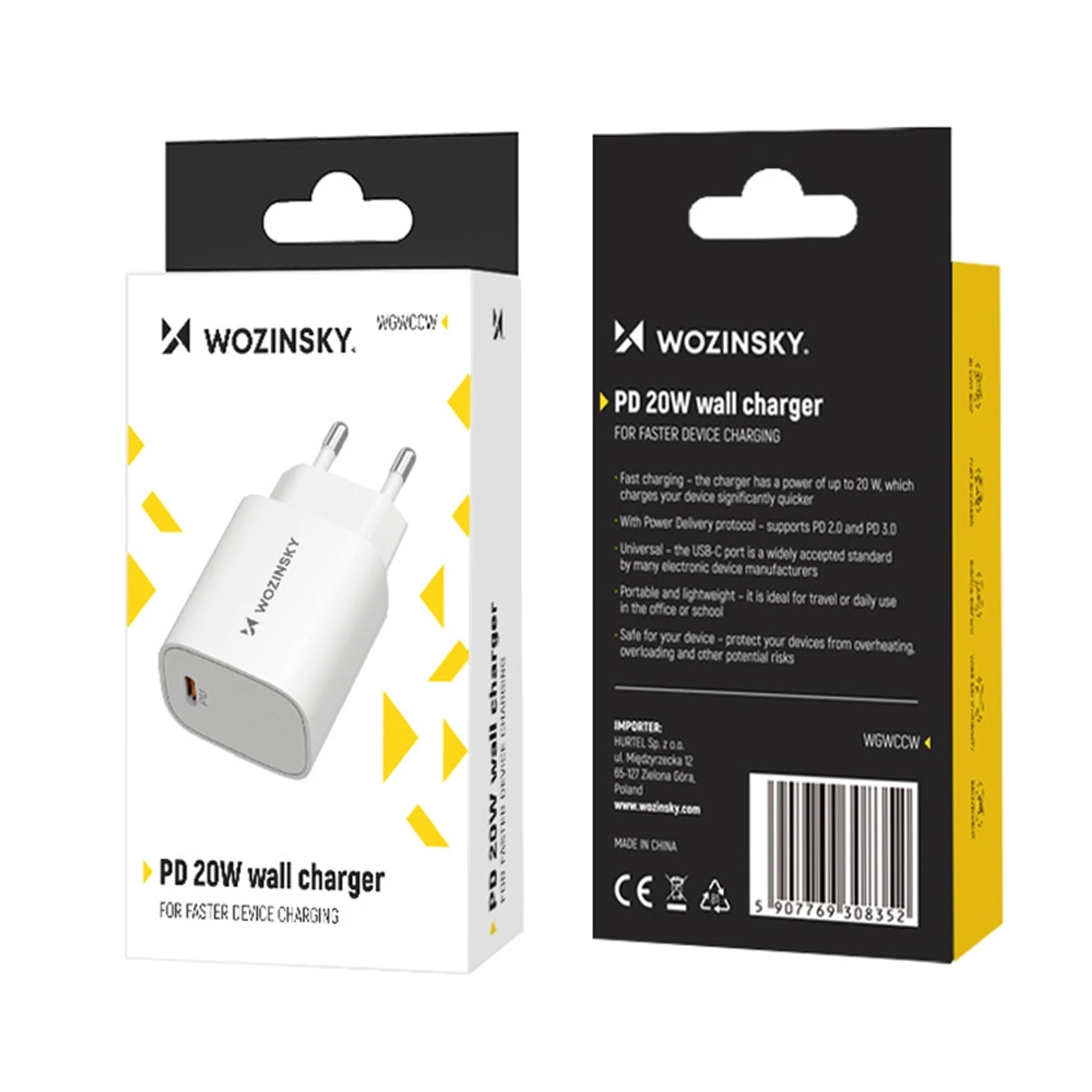 Omrežni polnilec WZK WGWCCW, 20W, 3A, 1 x USB-C, bel