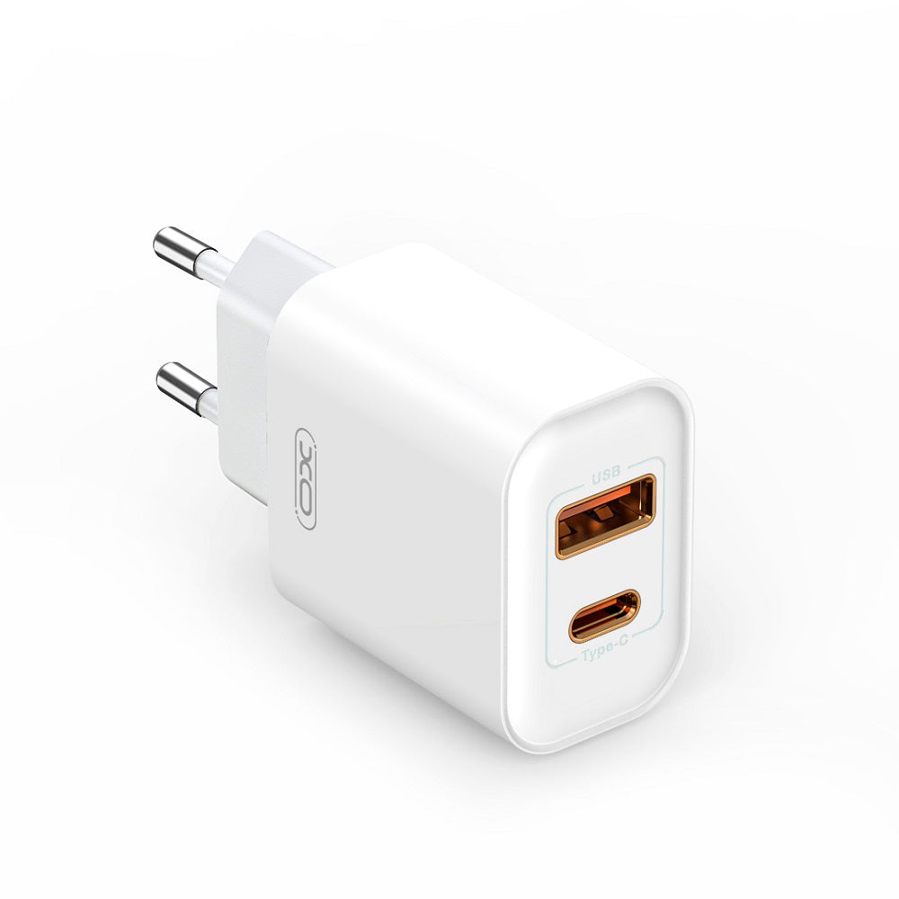 Polnilnik omrežja XO Design BPCE12, 20W, 3A, 1 x USB-A - 1 x USB-C, Bel