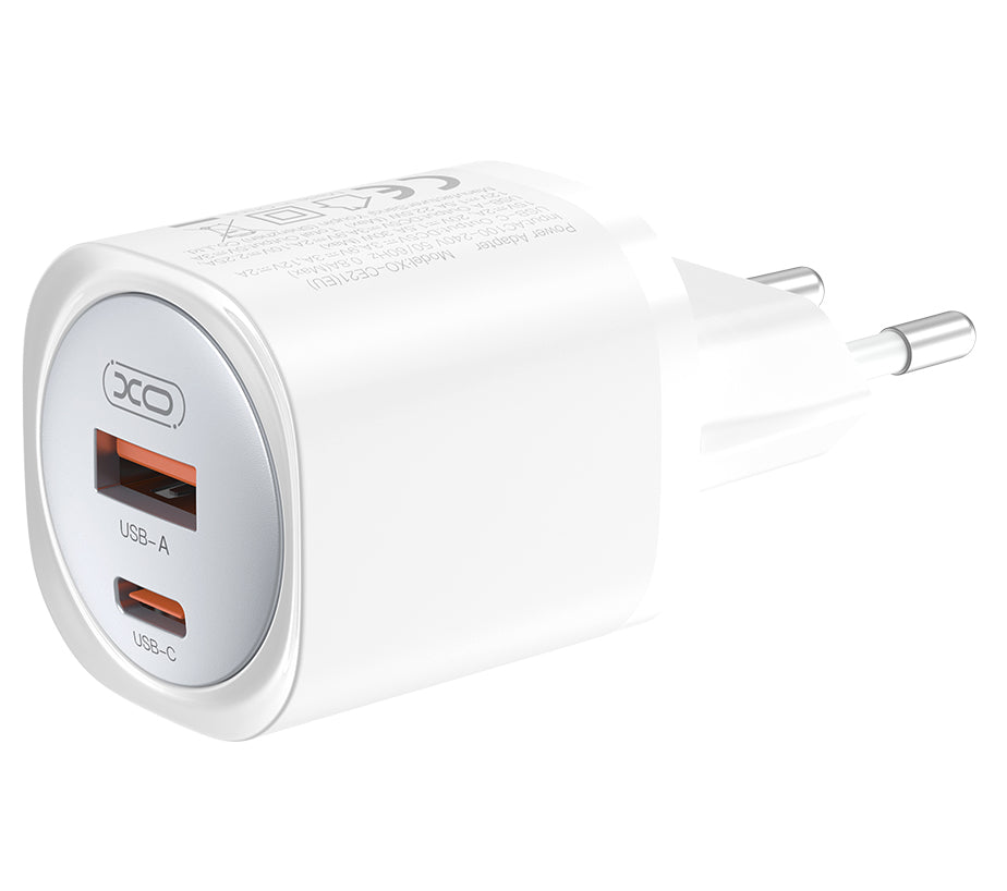 Polnilnik omrežja XO Design CE21, 30W, 3A, 1 x USB-A - 1 x USB-C, Bel