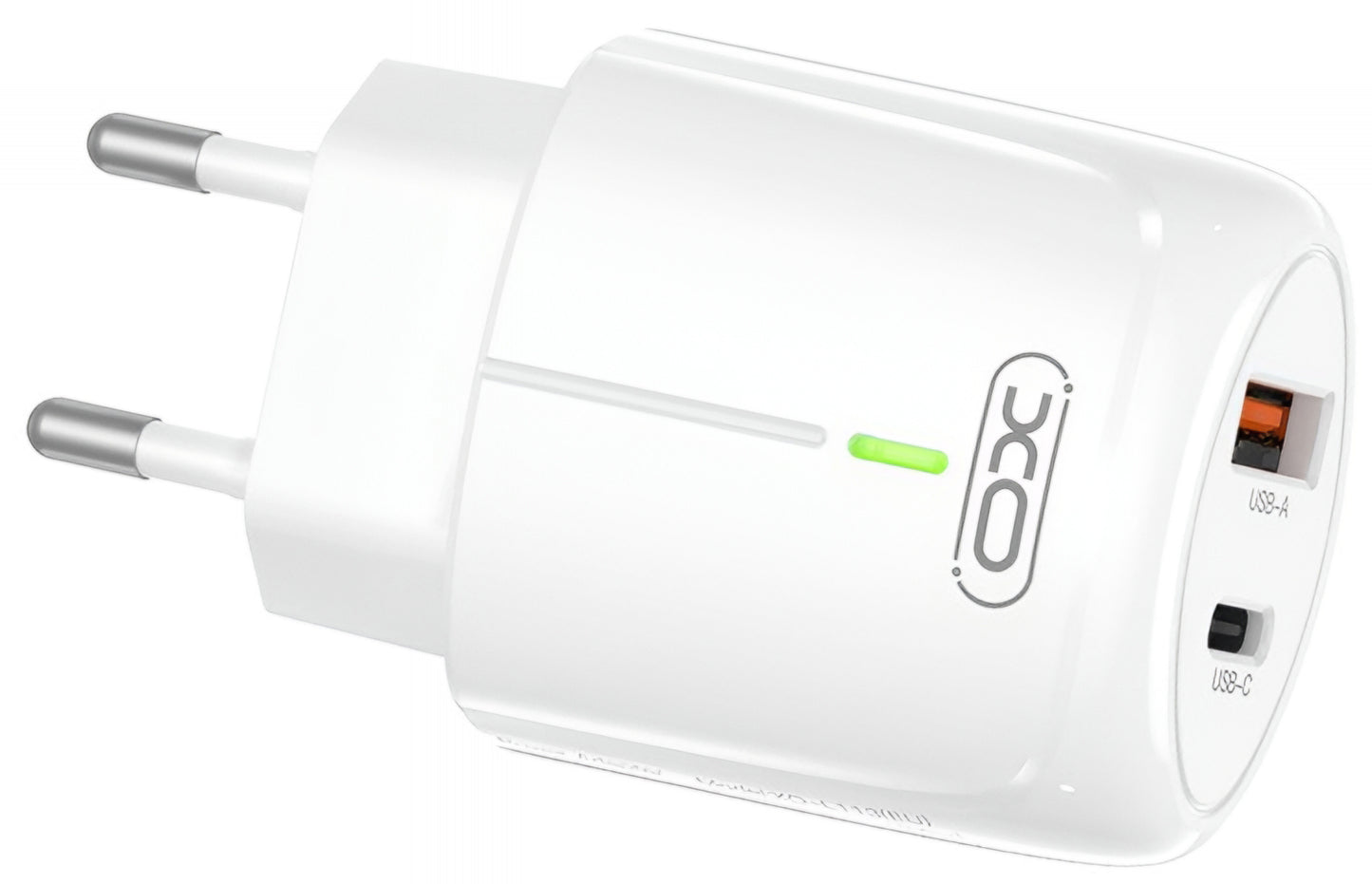 Polnilnik omrežja XO Design L114, 20W, 3A, 1 x USB-A - 1 x USB-C, Bel