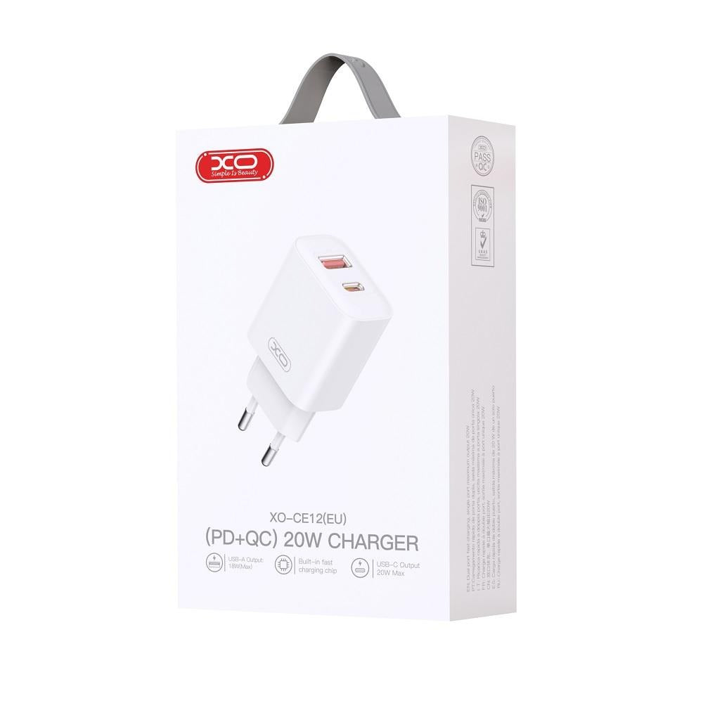 Polnilnik omrežja XO Design BPCE12, 20W, 3A, 1 x USB-A - 1 x USB-C, Bel