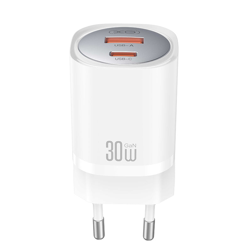 Polnilnik omrežja XO Design CE21, 30W, 3A, 1 x USB-A - 1 x USB-C, Bel