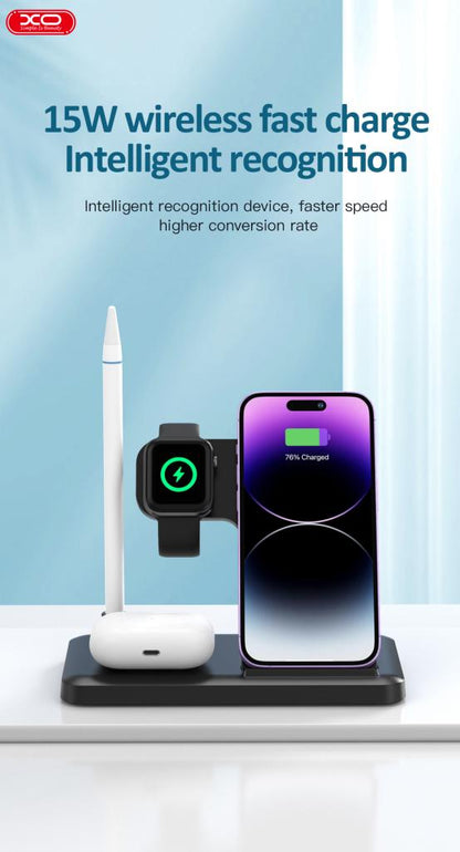 Brezžični omrežni polnilec XO Design WX033 4v1, 15W, 1.67A, Črn