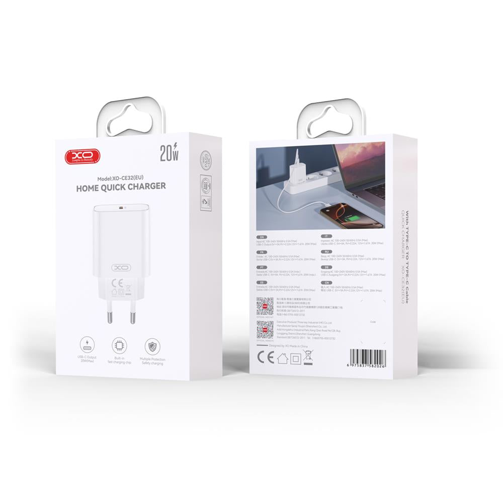Polnilnik XO Design CE32, 20W, 3A, 1 x USB-C, Bel