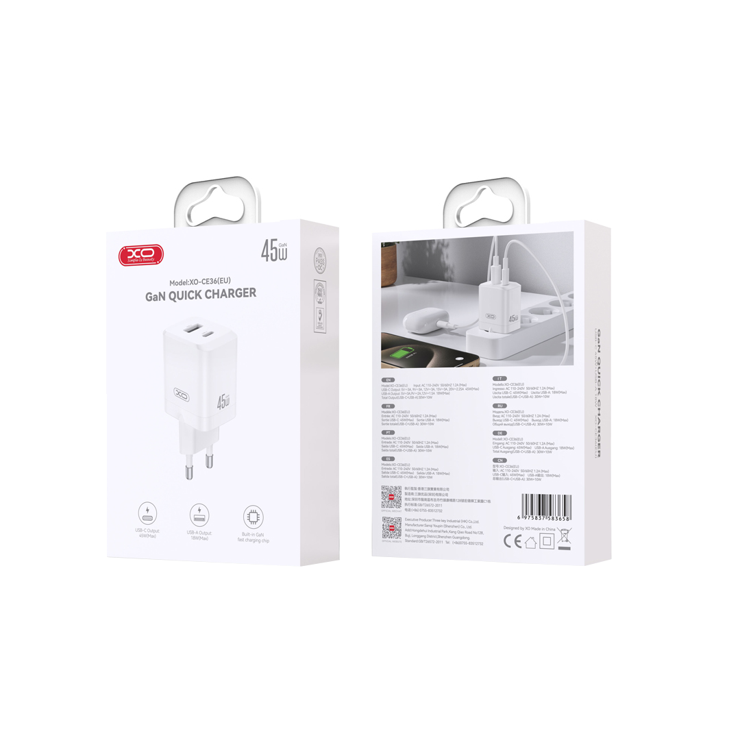 Polnilnik omrežja XO Design CE36, 45W, 3A, 1 x USB-A - 1 x USB-C, Bel