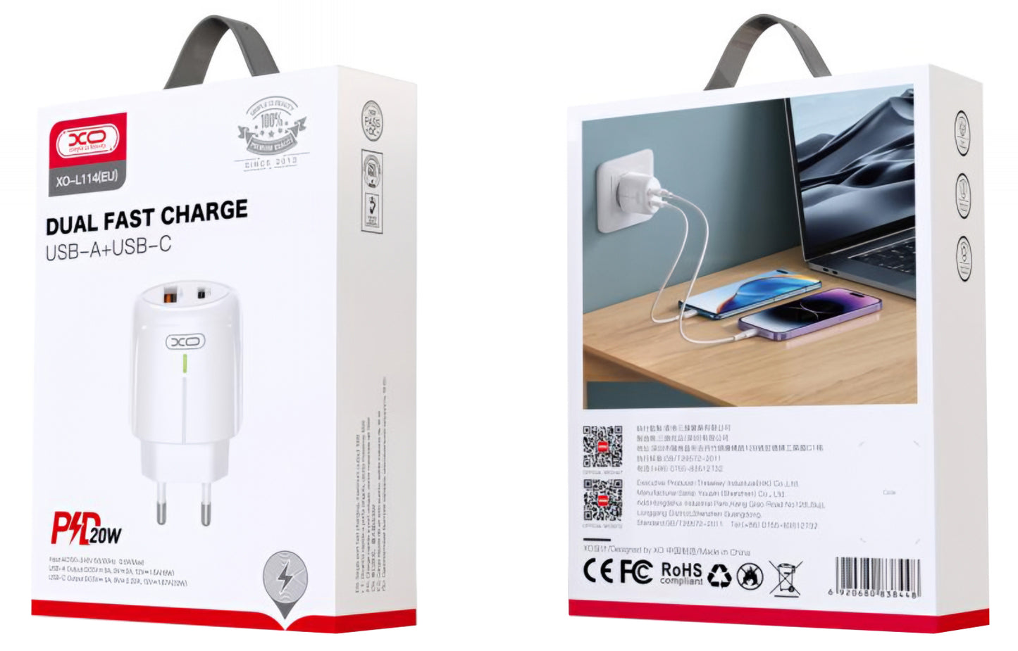 Polnilnik omrežja XO Design L114, 20W, 3A, 1 x USB-A - 1 x USB-C, Bel