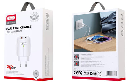 Polnilnik omrežja XO Design L114, 20W, 3A, 1 x USB-A - 1 x USB-C, Bel