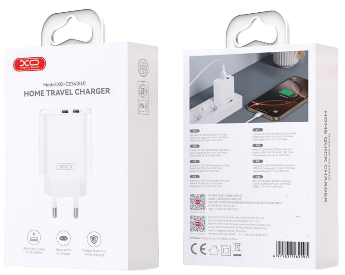 Polnilnik omrežja XO Design CE34, 12W, 2.4A, 2 x USB-A, Bel