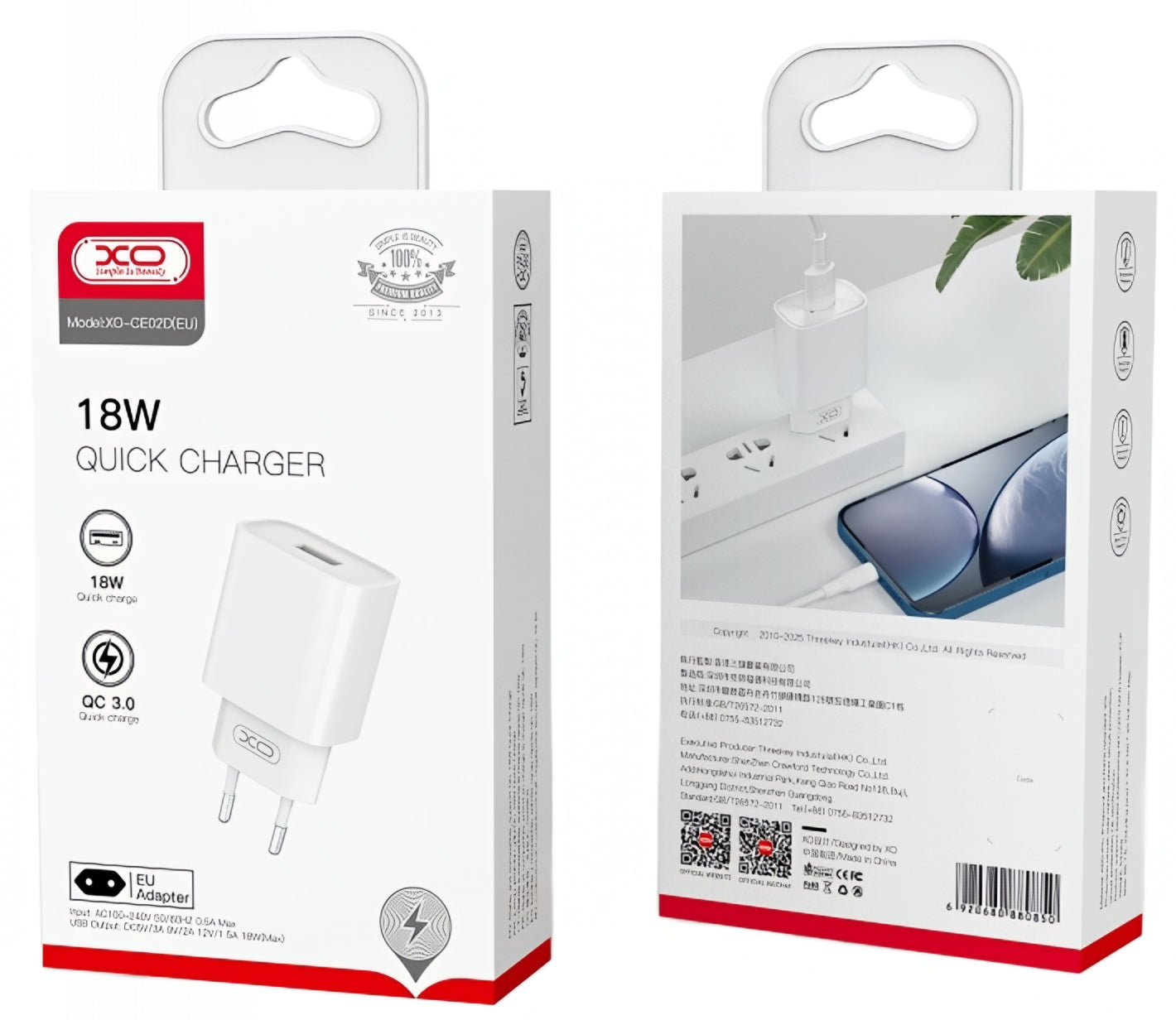 Polnilnik omrežja XO Design CE02D, 18W, 3A, 1 x USB-A, Bel