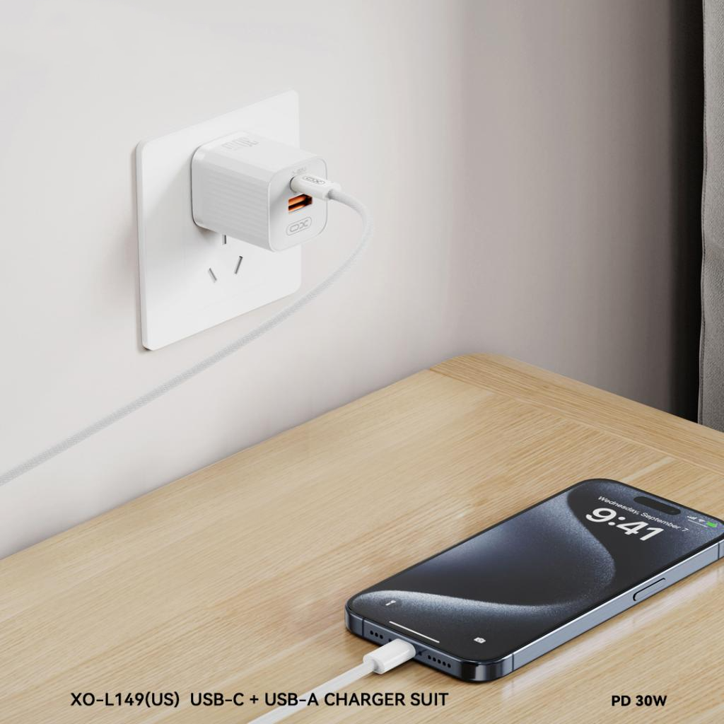 Omrežni polnilec XO Design L149, 30W, 3A, 1 x USB-A - 1 x USB-C, Bel