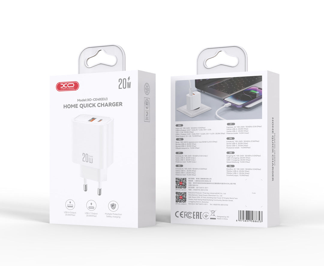 Omrežni polnilec XO Design CE40, 20W, 3A, 1 x USB-A - 1 x USB-C, Bel