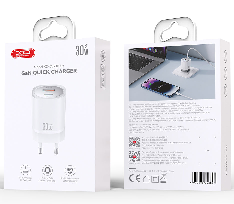 Polnilnik omrežja XO Design CE21, 30W, 3A, 1 x USB-A - 1 x USB-C, Bel