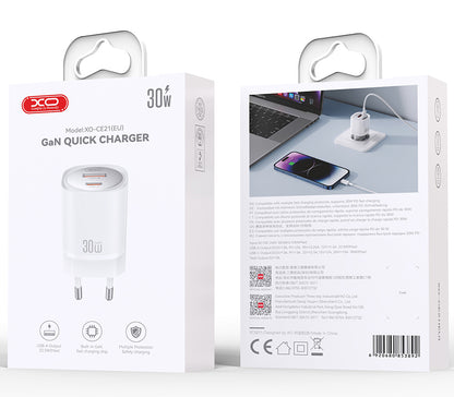 Polnilnik omrežja XO Design CE21, 30W, 3A, 1 x USB-A - 1 x USB-C, Bel