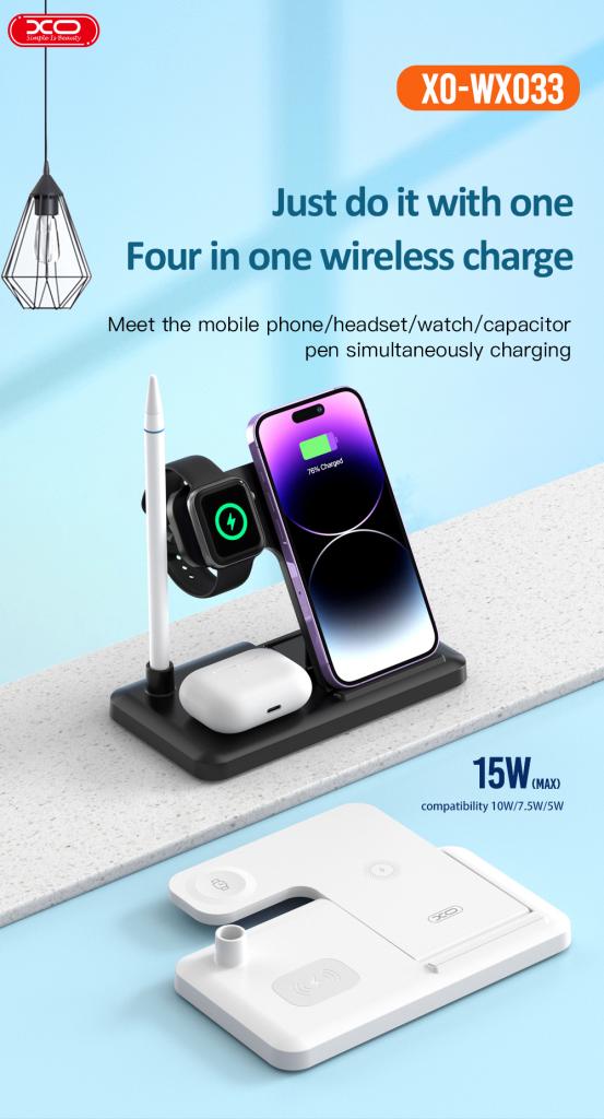 Brezžični omrežni polnilec XO Design WX033 4v1, 15W, 1.67A, Črn