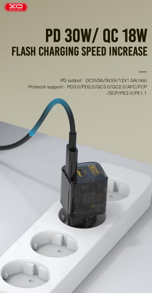 Polnilnik omrežja XO Design CE05, 30W, 3A, 1 x USB-A - 1 x USB-C, Rjava