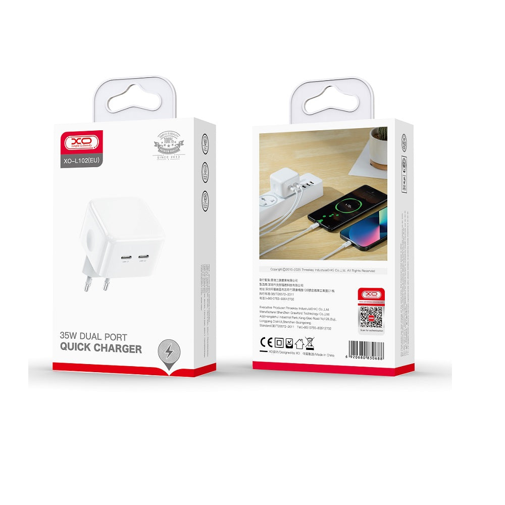 Polnilnik omrežja XO Design L102, 35W, 3A, 2 x USB-C, Bel