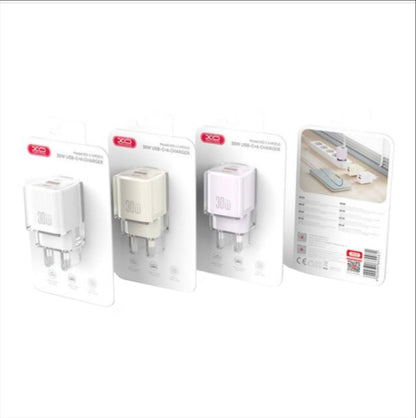 Omrežni polnilec XO Design L149, 30W, 3A, 1 x USB-A - 1 x USB-C, Bel