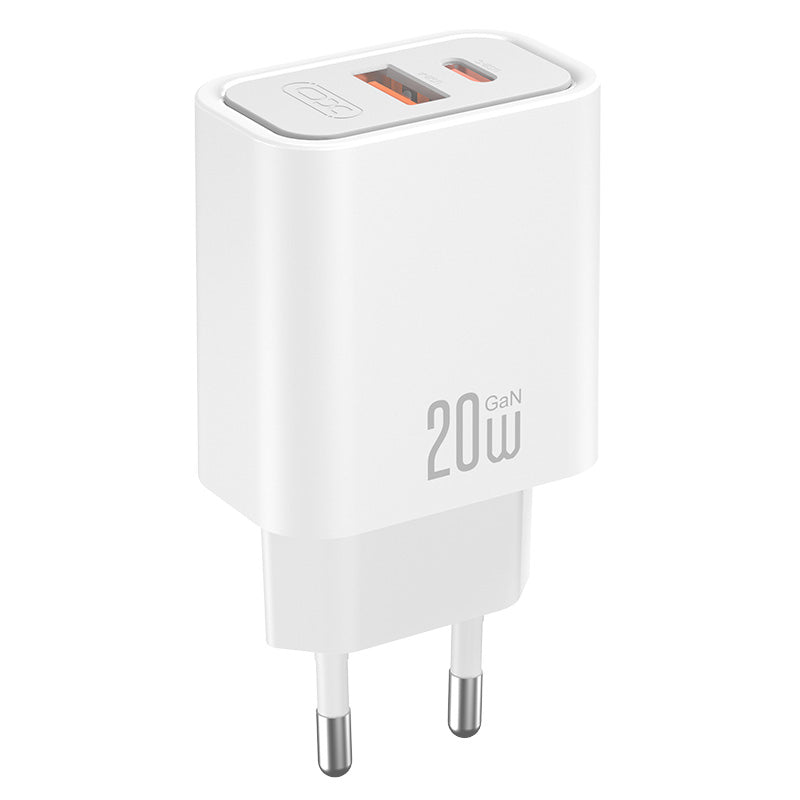 Omrežni polnilec XO Design CE40, 20W, 3A, 1 x USB-A - 1 x USB-C, Bel