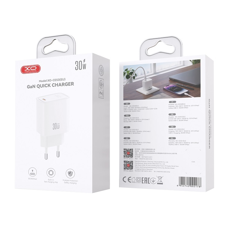 Omrežni polnilnik XO Design CE53, 30 W, 3 A, 1 × USB-C, bel