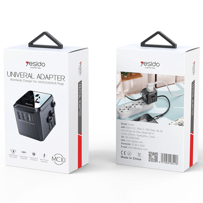 Yesido MC10 Travel Network Charger, 12W, 2.4A, 1 x USB-C - 3 x USB-A, Black