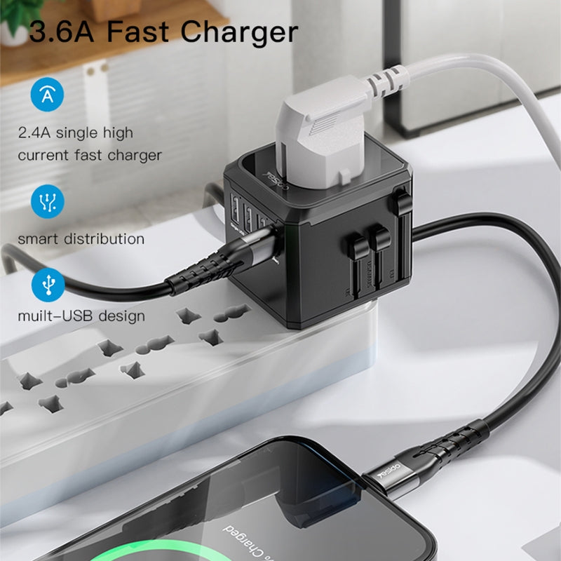 Yesido MC10 Travel Network Charger, 12W, 2.4A, 1 x USB-C - 3 x USB-A, Black