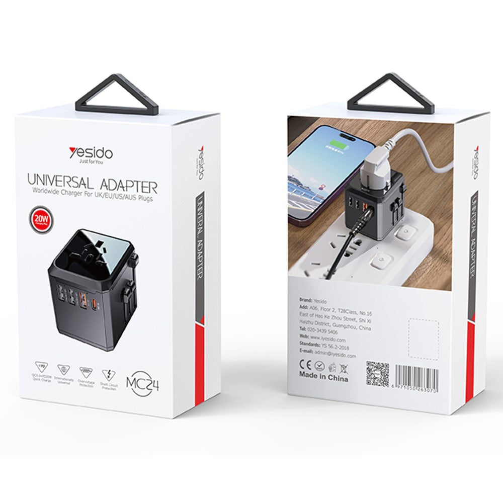 Polnilnik Yesido MC24 Travel, 20W, 3A, 3 x USB-A - 1 x USB-C, črn