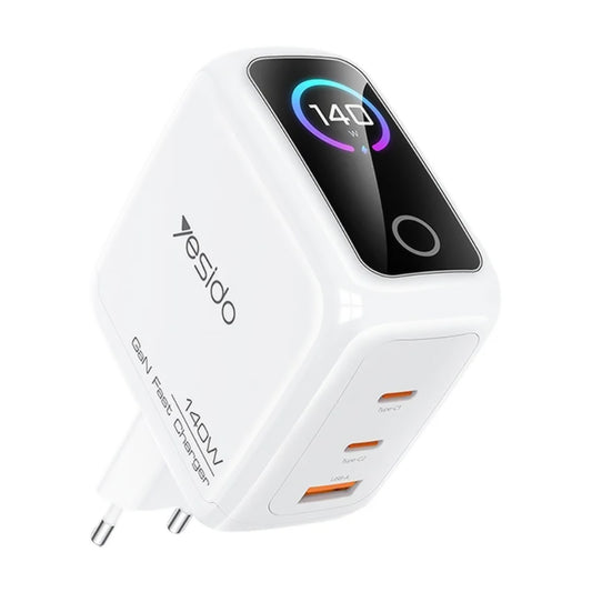 Omrežni polnilec Yesido YC114 z zaslonom, 140W, 5A, 1 x USB-A - 2 x USB-C, bel