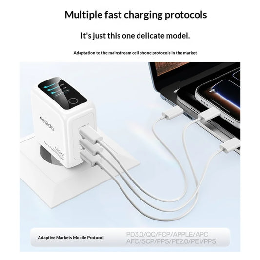 Omrežni polnilec Yesido YC114 z zaslonom, 140W, 5A, 1 x USB-A - 2 x USB-C, bel