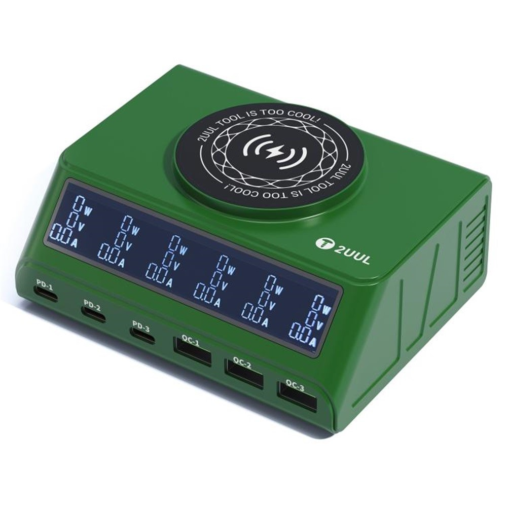 Polnilna postaja 2UUL PC11 QI, 110W, 3A, 3 x USB-A - 3 x USB-C, Zelena