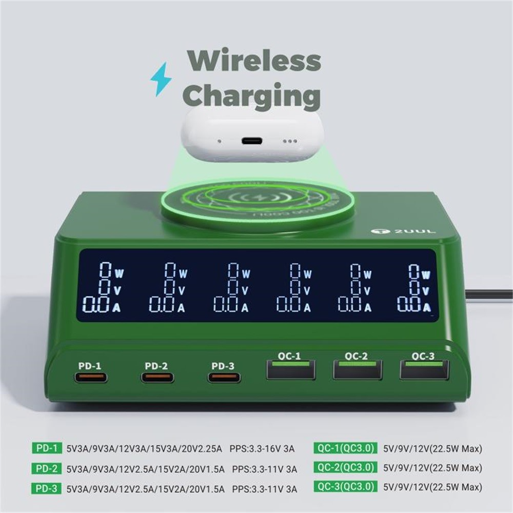 Polnilna postaja 2UUL PC11 QI, 110W, 3A, 3 x USB-A - 3 x USB-C, Zelena