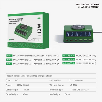 Polnilna postaja 2UUL PC11 QI, 110W, 3A, 3 x USB-A - 3 x USB-C, Zelena