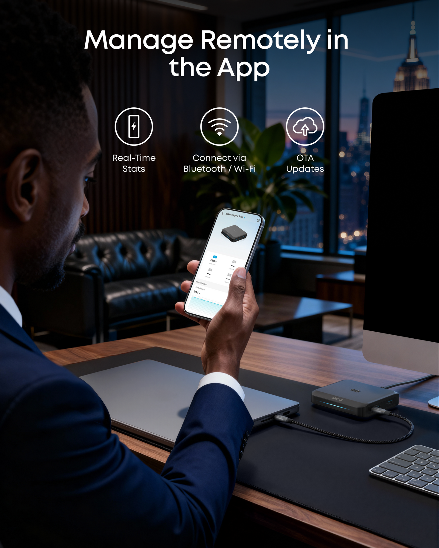 Polnilna postaja Anker za zunanjo baterijo Prime, 150W, 5A, 1 x Pogo Pin - 1 x USB-A - 2 x USB-C, Črna A1903G11