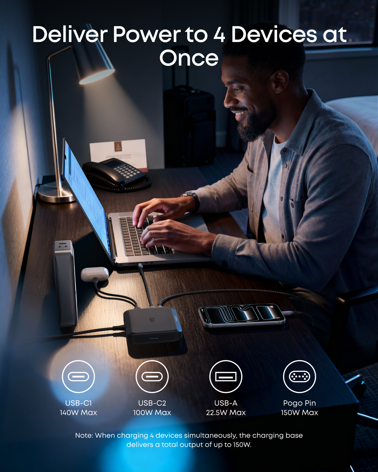 Polnilna postaja Anker za zunanjo baterijo Prime, 150W, 5A, 1 x Pogo Pin - 1 x USB-A - 2 x USB-C, Črna A1903G11