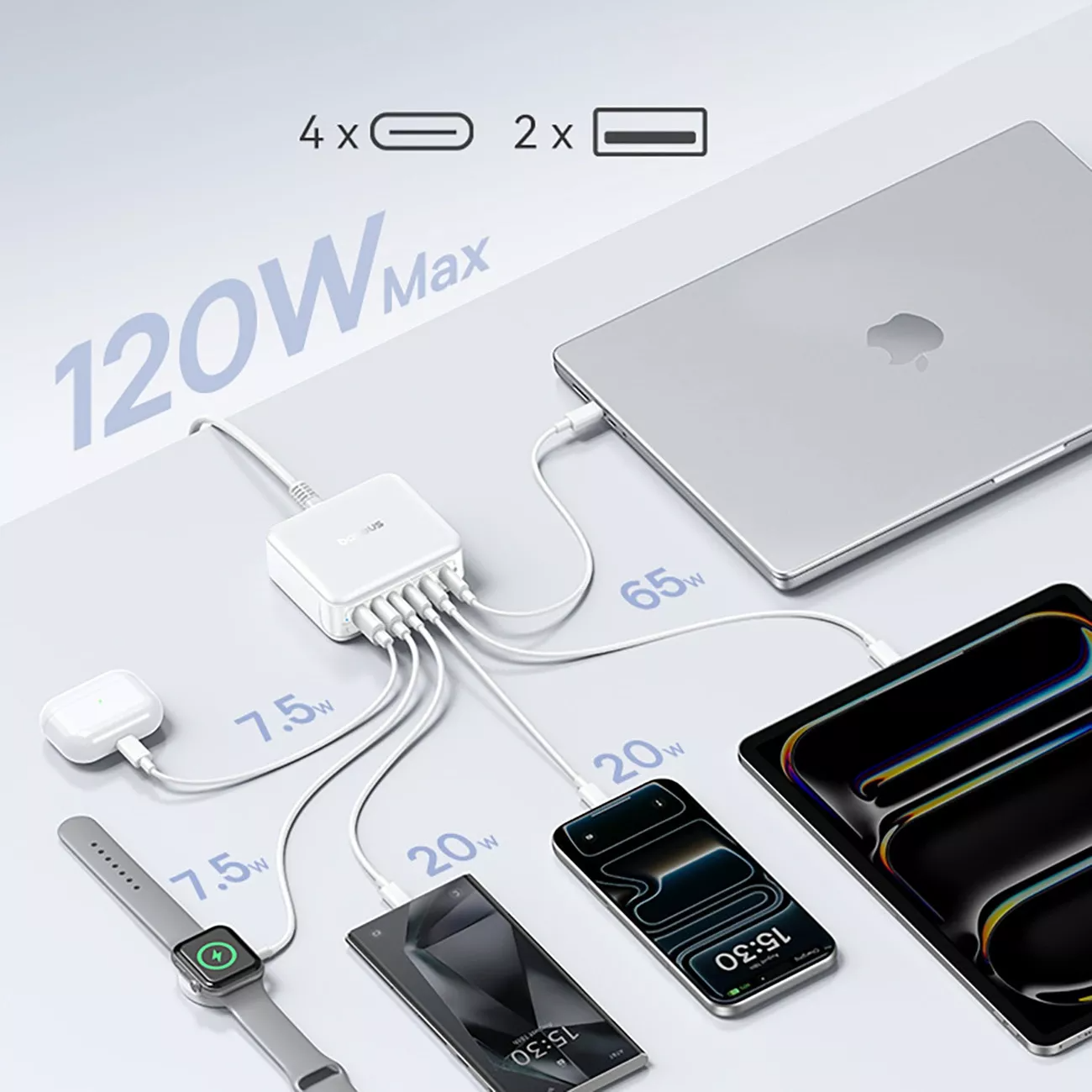 Polnilec postaje Baseus EnerFill FH21, 120W, 2 x USB-A - 4 x USB-C, bel E0120T01