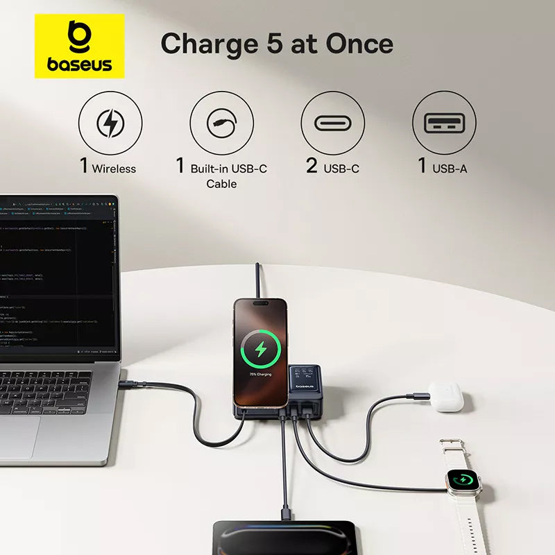 Polnilna postaja Baseus Nomos QI 5in1, 140W, 5A, 1 x USB-A - 2 x USB-C, Črna P10178800123-00