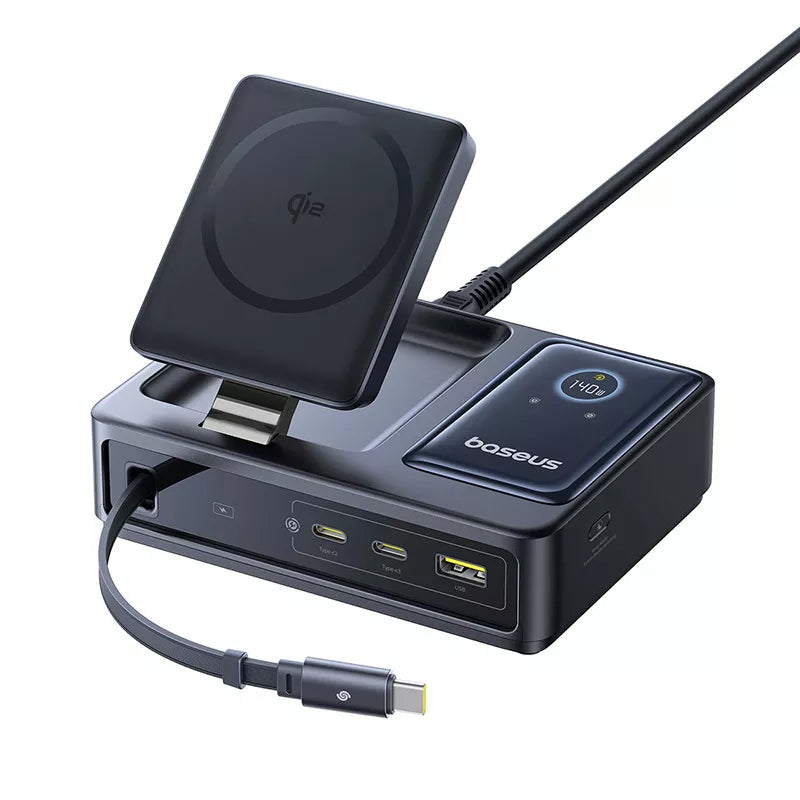 Polnilna postaja Baseus Nomos QI 5in1, 140W, 5A, 1 x USB-A - 2 x USB-C, Črna P10178800123-00