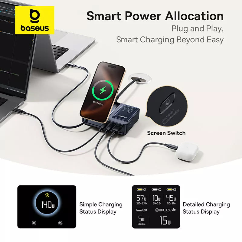 Polnilna postaja Baseus Nomos QI 5in1, 140W, 5A, 1 x USB-A - 2 x USB-C, Črna P10178800123-00