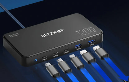 Polnilna postaja BlitzWolf BW-i100, 120W, 5A, 2 x USB-A - 3 x USB-C, črna