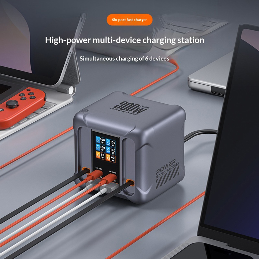 Polnilna postaja z USB-C kablom OEM HW866, 300W, 5A, 2 x USB-A - 2 x USB-C, Siva