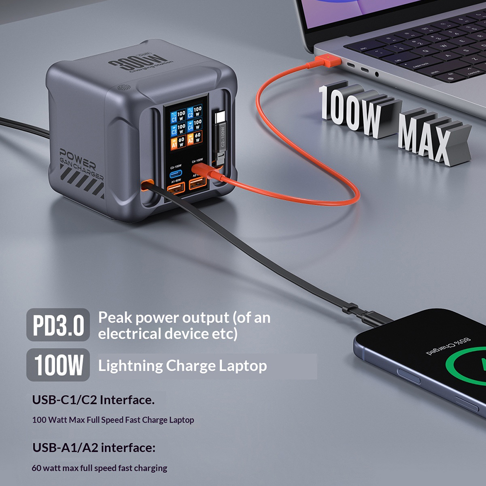 Polnilna postaja z USB-C kablom OEM HW866, 300W, 5A, 2 x USB-A - 2 x USB-C, Siva