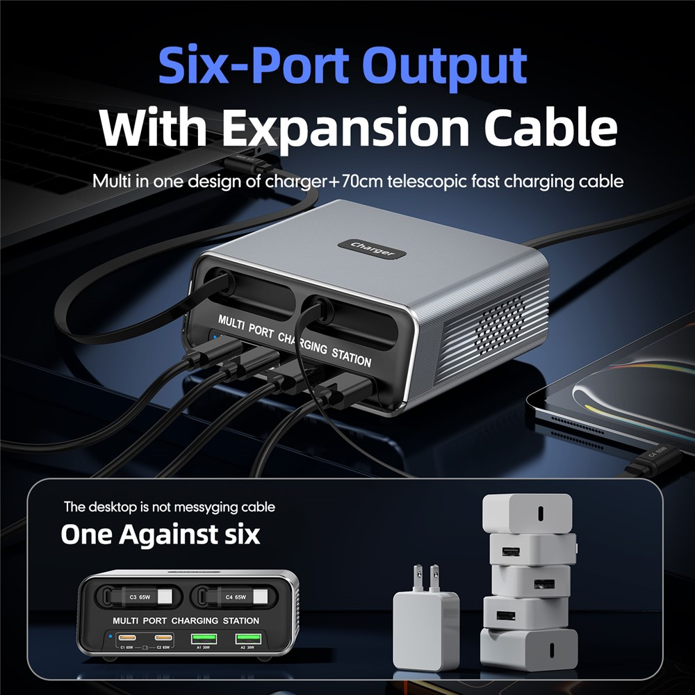 Polnilna postaja z USB-C kablom OEM WLX-60C, 130W, 2 x USB-A - 2 x USB-C, Siva