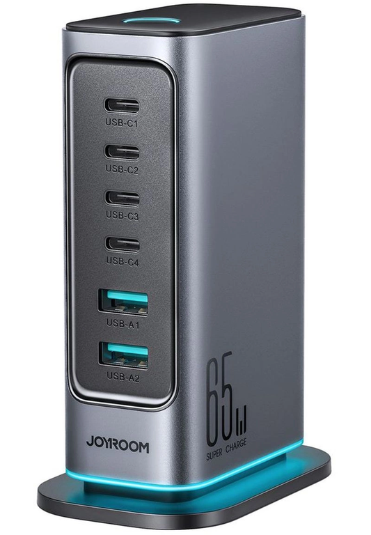Polnilec postaje Joyroom JR-TCM02 UK, 65W, 3,25A, 2 x USB-A - 4 x USB-C, Siva
